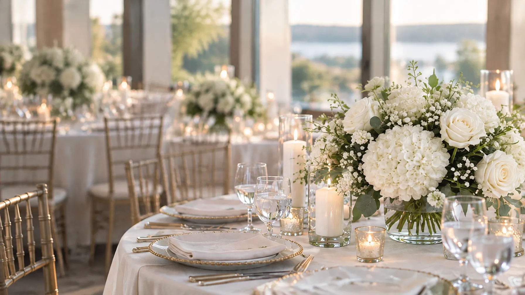 Elegant wedding table with white roses, candles, and a softly lit reception venue